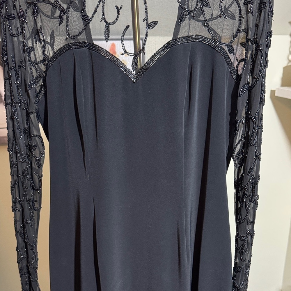 Vintage EUC Oleg Cassini Black Long Sleeve Semi Sheer Beaded Dress Low Cut Back - Picture 10 of 13